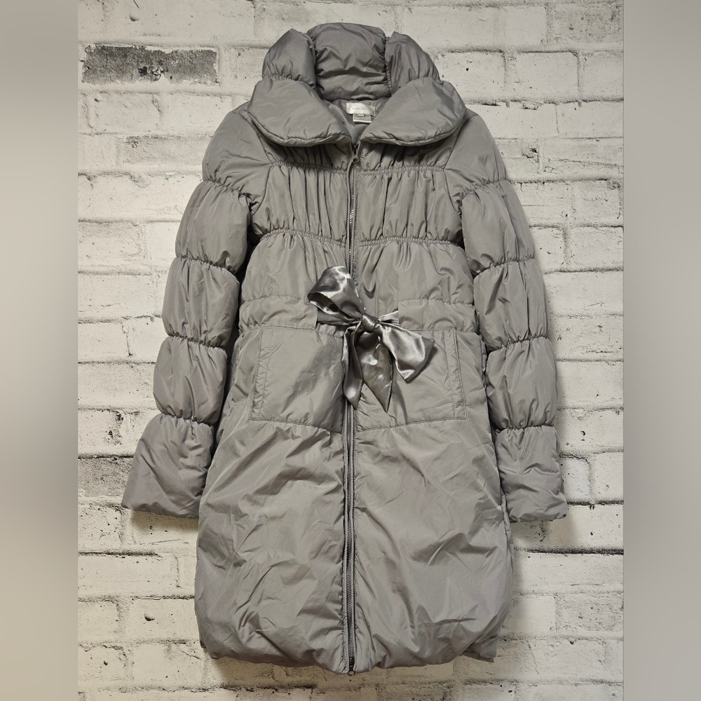 Costa Blanca Grey Puffer Coat Women’s 8 Satin Bow Belt Winter Jacket